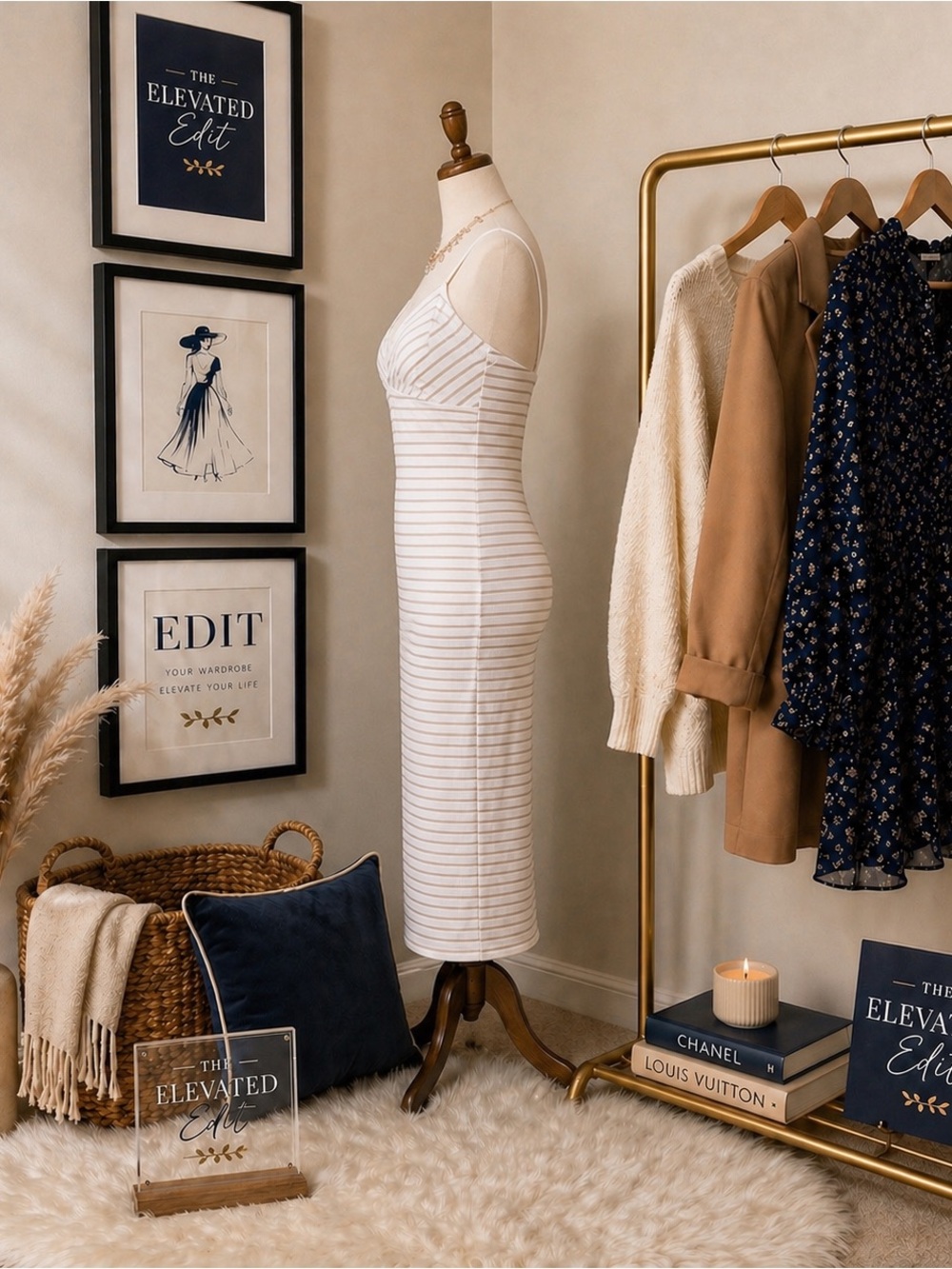 Minimalist Tailored Midi Dress — Neutral Stripe, Sculpted Fit | Quiet Luxury - Picture 6 of 8